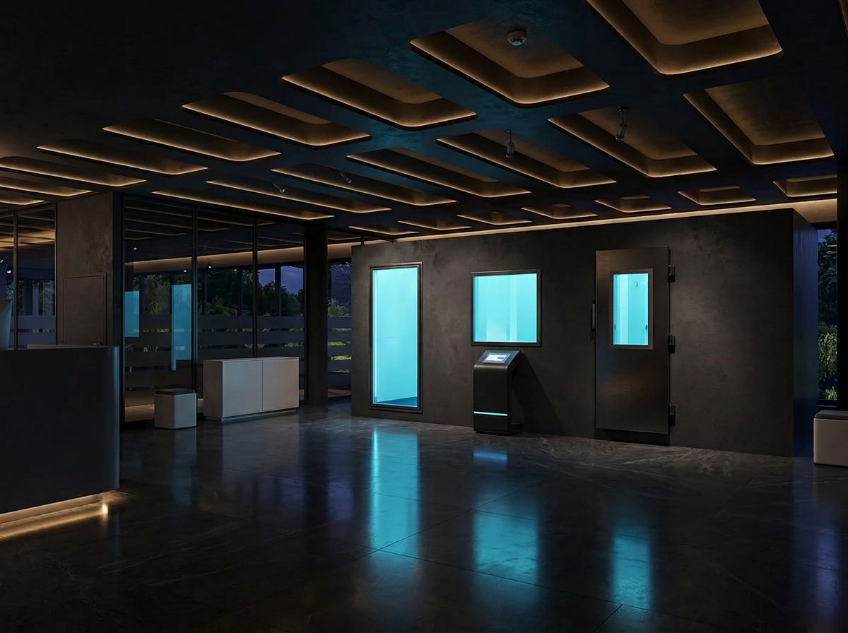 Luxury hotel spa interior with still water, stone surfaces and Alpine daylight