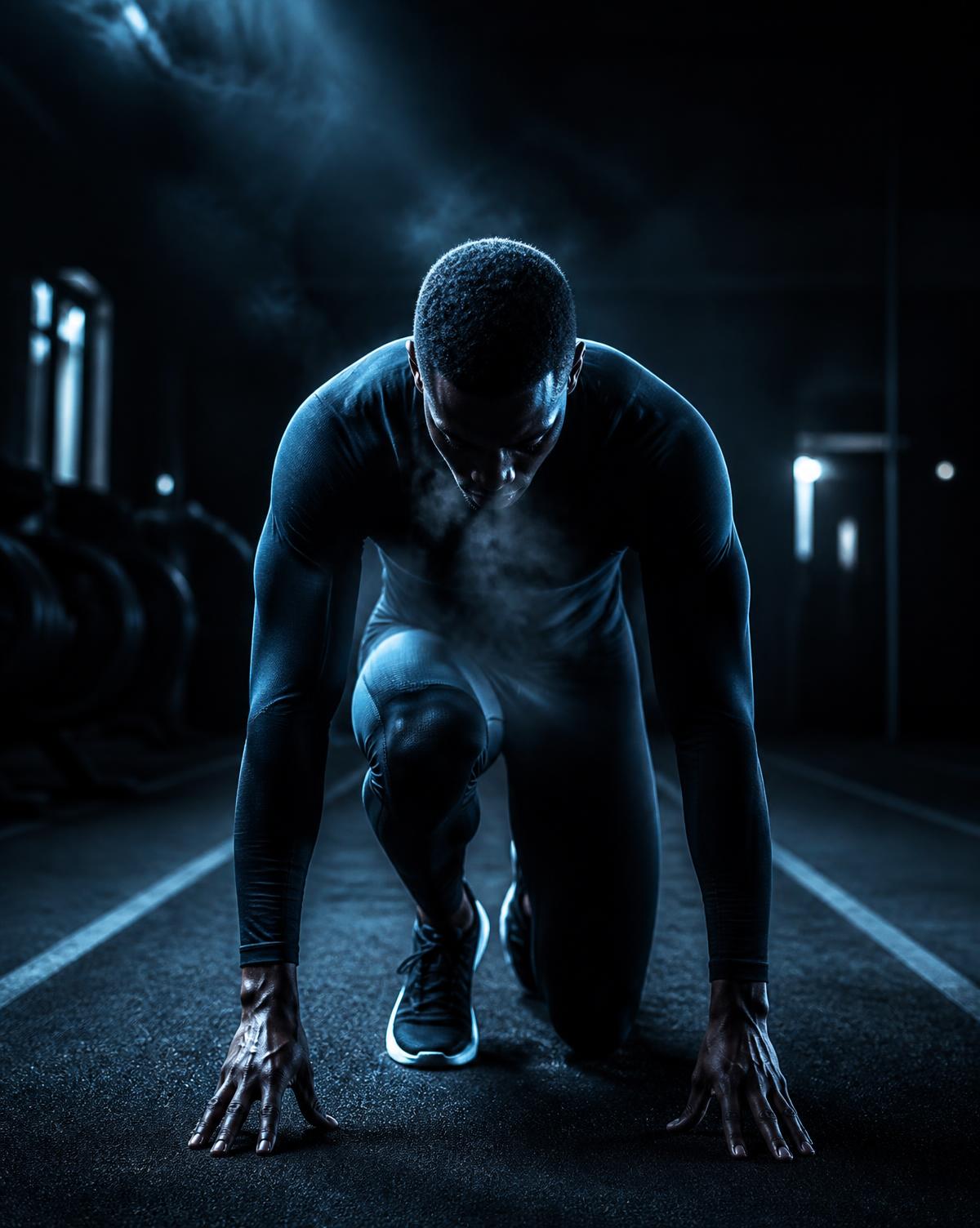 Elite athlete in a set position in a dark performance training centre lit with cold light
