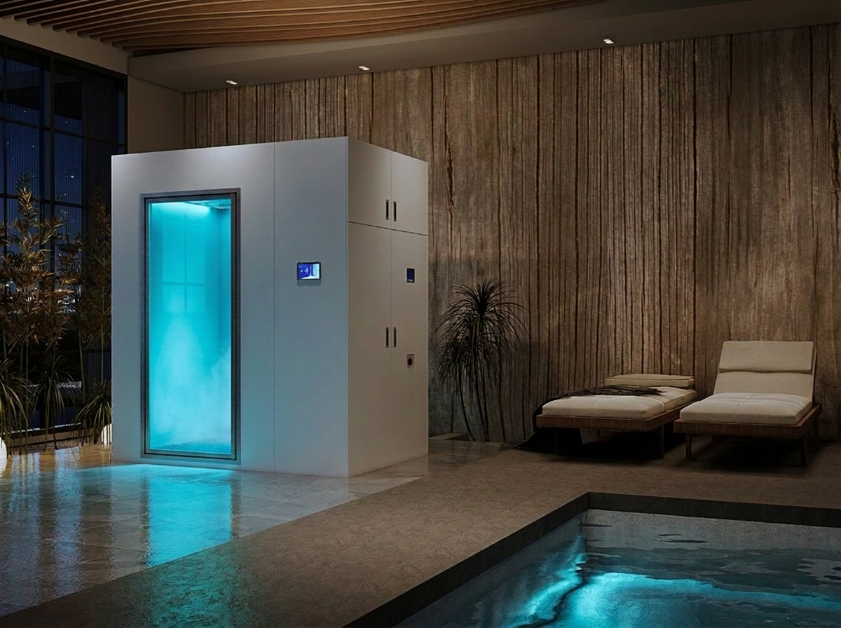 Private residential wellness room with a glass chamber and mountain view at dusk