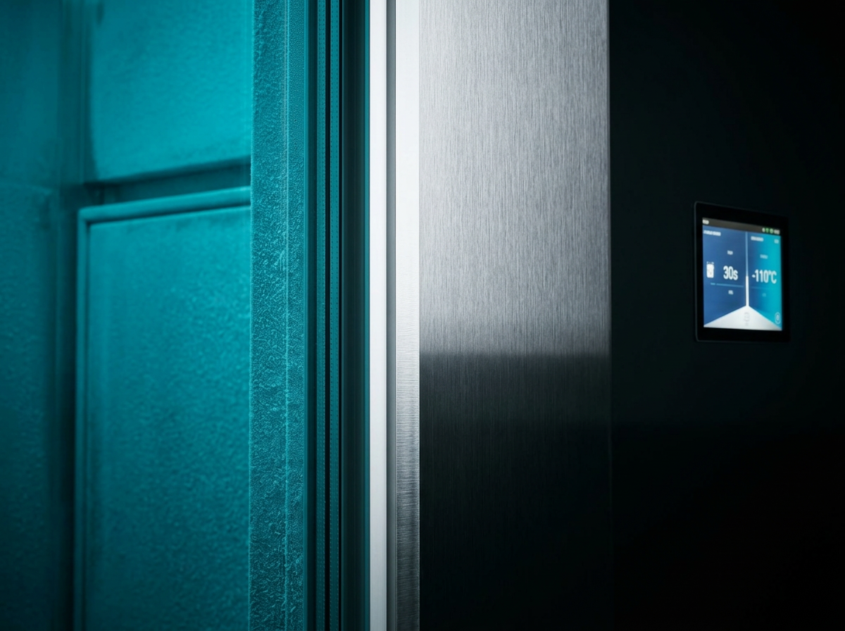 Detail of a premium electric cryotherapy chamber with brushed steel panels and cold blue light line